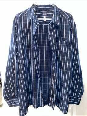 Basic Editions Navy Blue and White Striped Button-Down Shirt